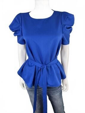 Royal Blue Puff Sleeve Peplum Top with Waist Tie